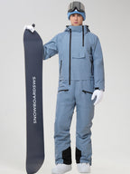 Men's Insulated One-Piece Ski Suit in Light Blue - Front View Holding a Snowboard