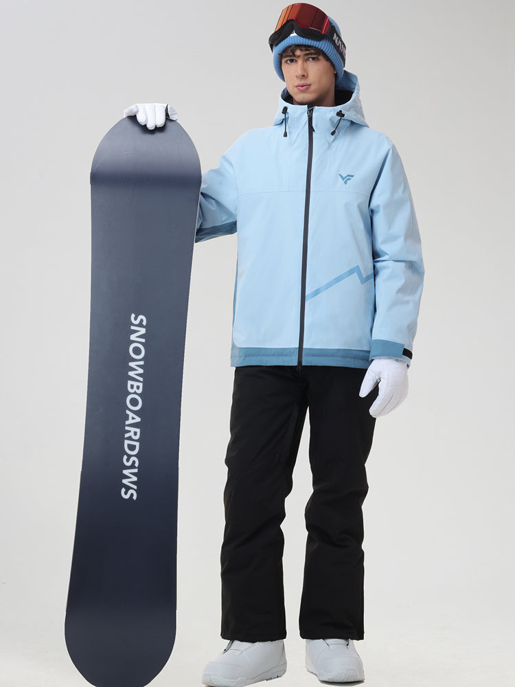 Front view of the men's casual ski jacket and snow pants set in sky blue, holding a snowboard