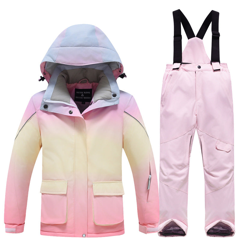 Kids rainbow ski jacket with pink snow bibs set