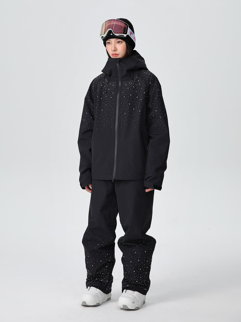 Front view of the women's glitter ski suit set with hood up