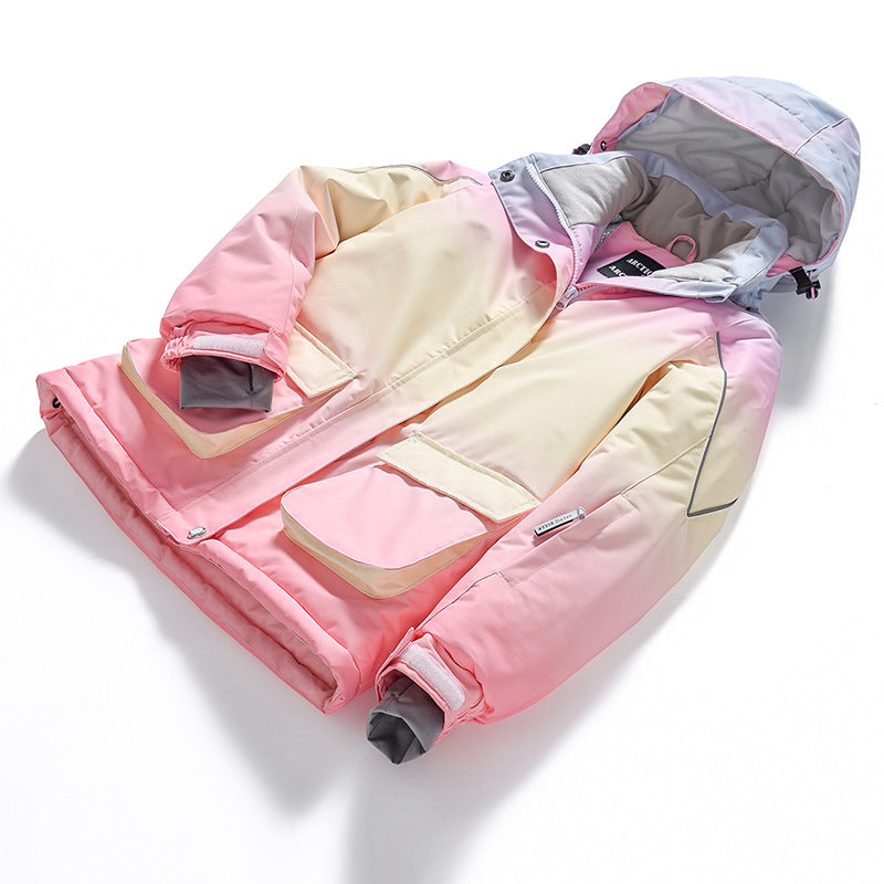 Kids rainbow insulated ski jacket laid flat