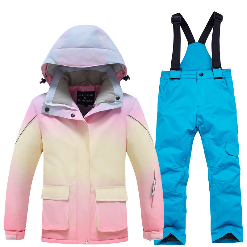 Kids rainbow ski jacket with blue snow bibs set