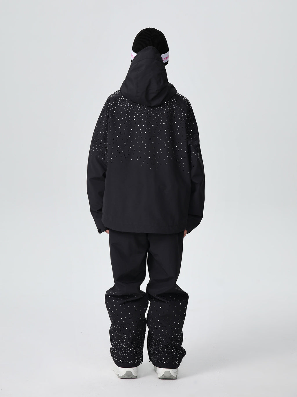 Back view of the adjustable storm hood on the glitter ski jacket