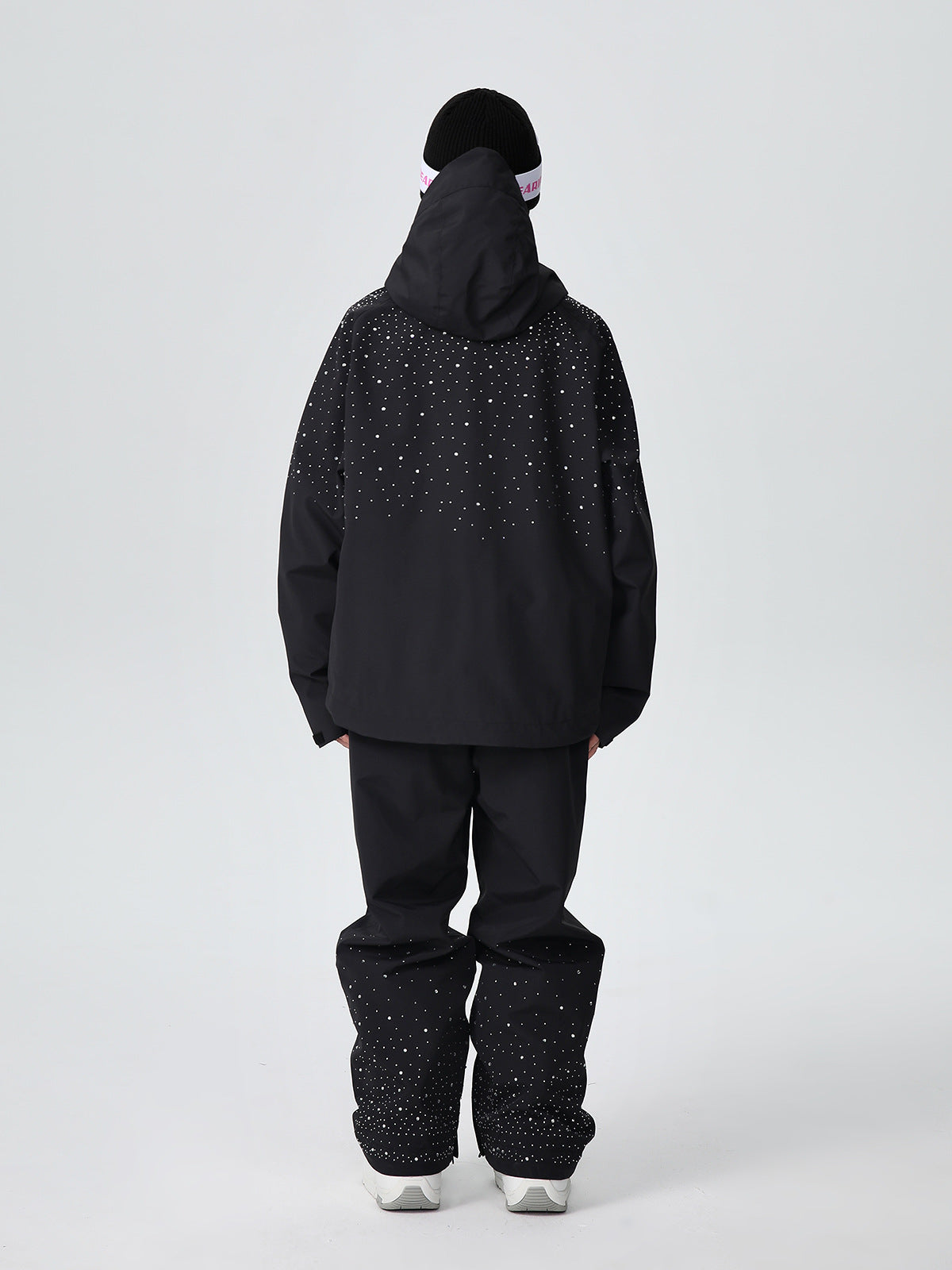 Back view of the adjustable storm hood on the glitter ski jacket