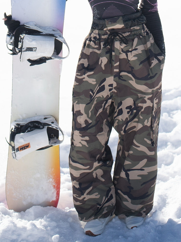 Army green camo oversized snowboard pants for women, side view
