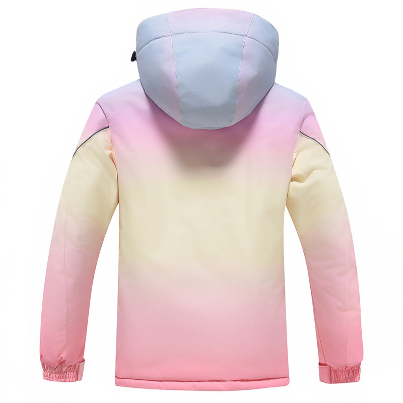 Kids rainbow ski jacket back view with hood