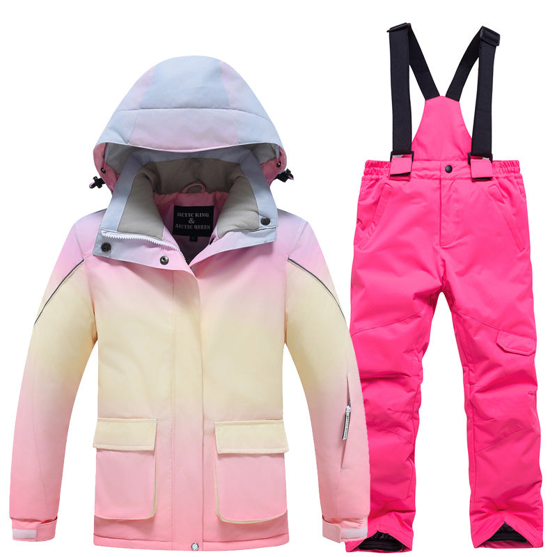 Kids rainbow ski jacket with rose red snow bibs set