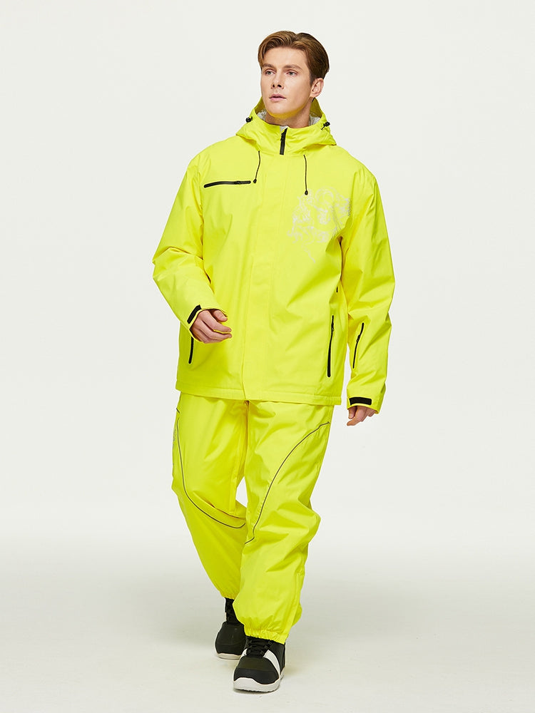Model walking in the yellow insulated ski jacket and pants set