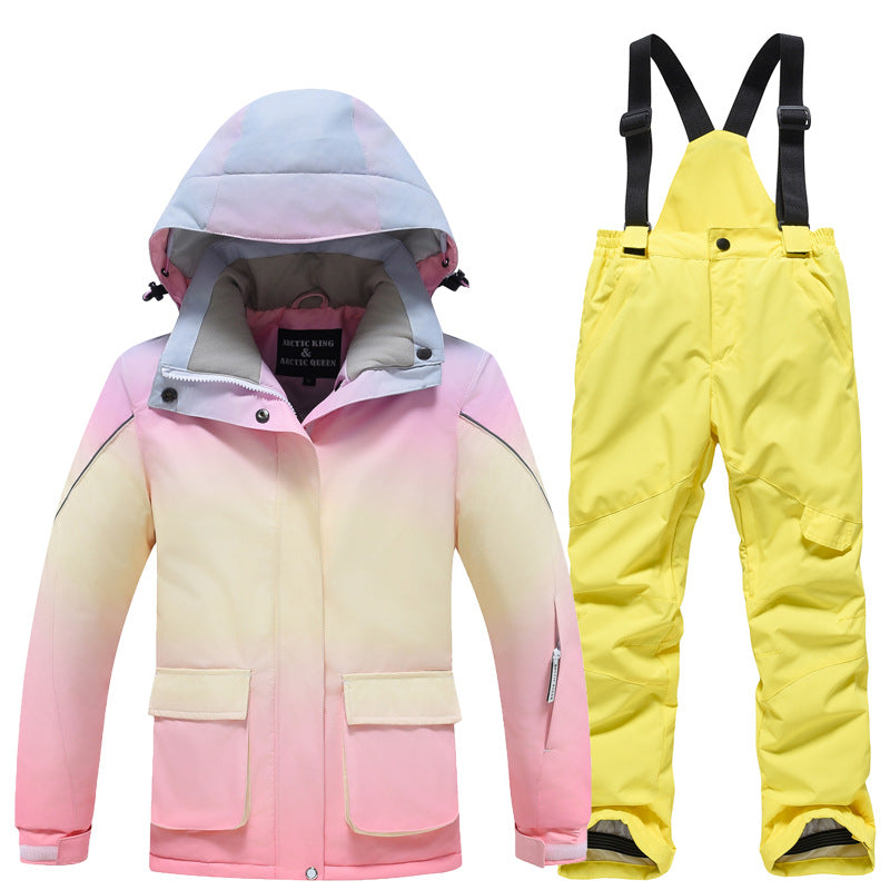Kids rainbow ski jacket with yellow snow bibs set