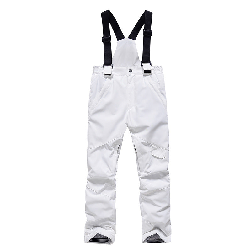 White kids snow bib pants with adjustable suspenders