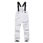 White kids snow bib pants with adjustable suspenders
