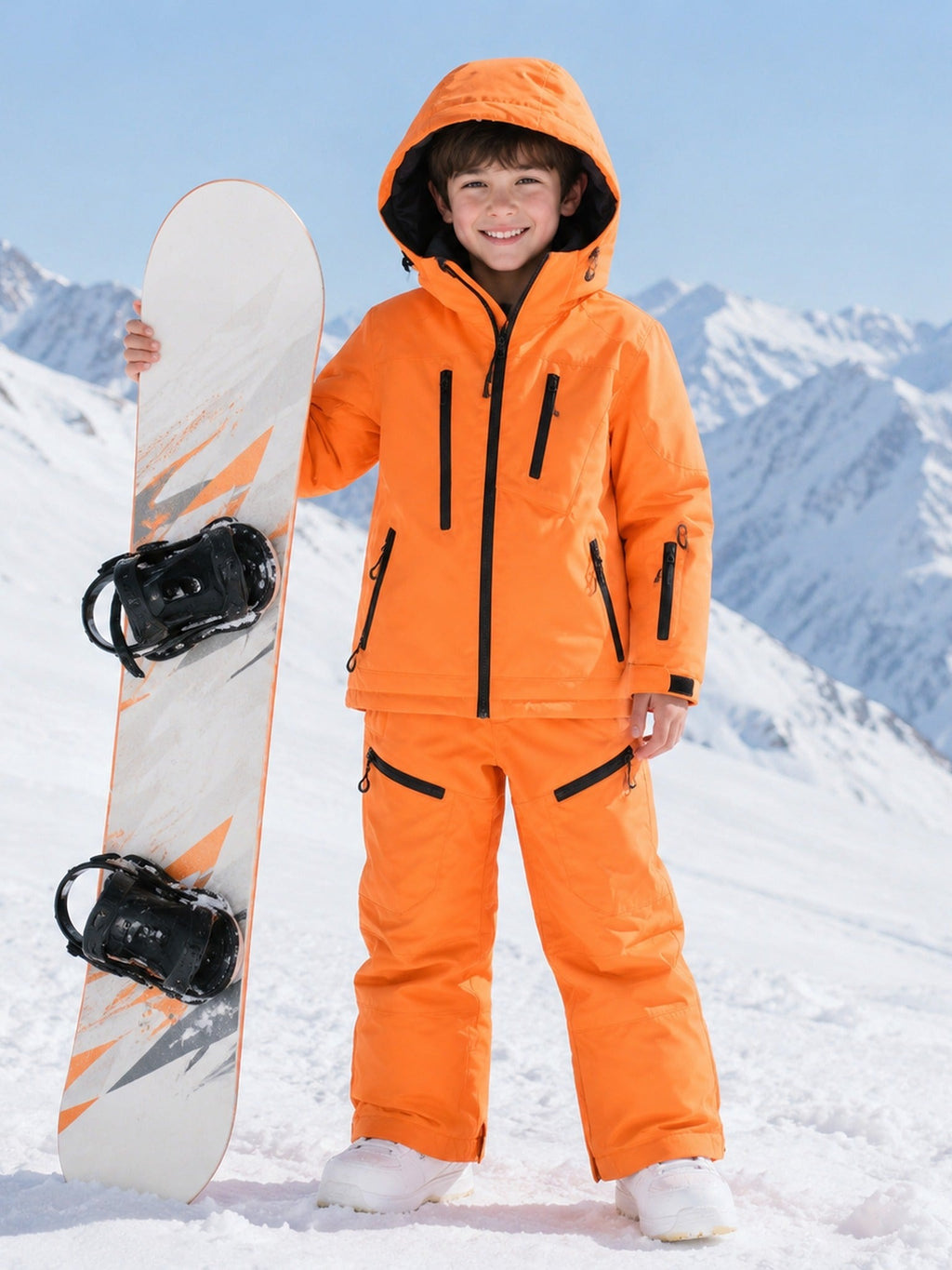 Kids orange ski suit set in snow