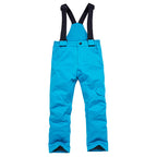 Blue kids snow bib pants with adjustable suspenders