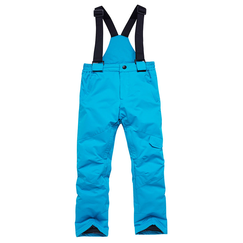 Blue kids snow bib pants with adjustable suspenders