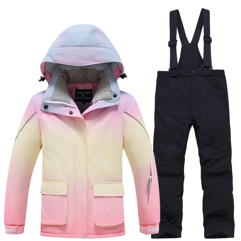 Kids rainbow ski jacket with black snow bibs set