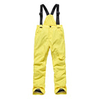 Yellow kids snow bib pants with adjustable suspenders
