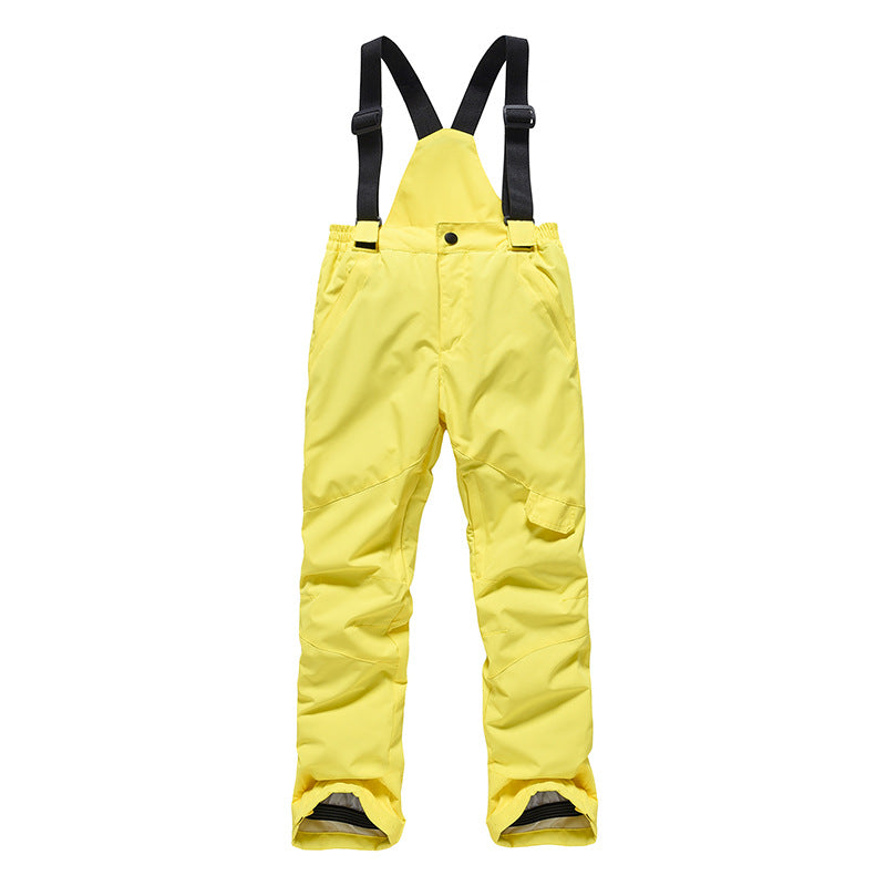 Yellow kids snow bib pants with adjustable suspenders