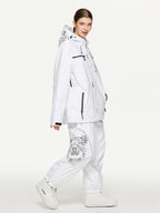 Model wearing the white baggy ski suit set