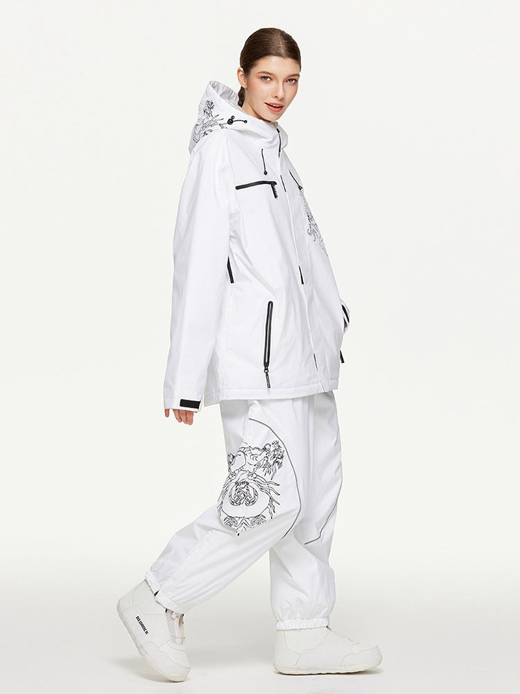 Model wearing the white baggy ski suit set