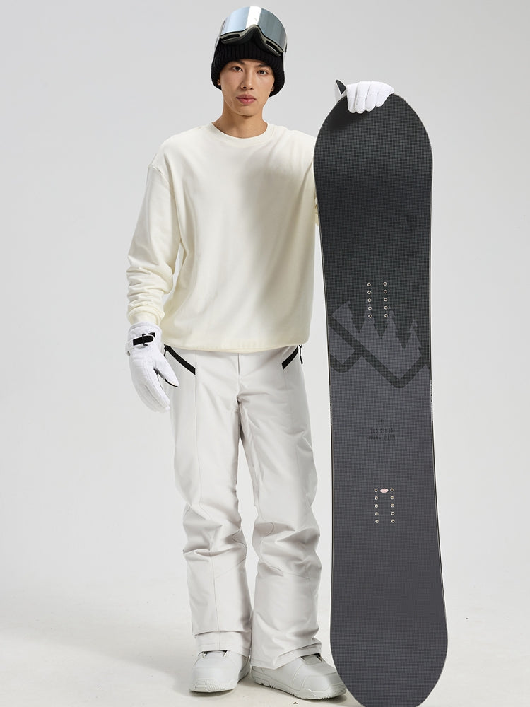 Men's Utility Snow Pants in White – Full Body View with Snowboard