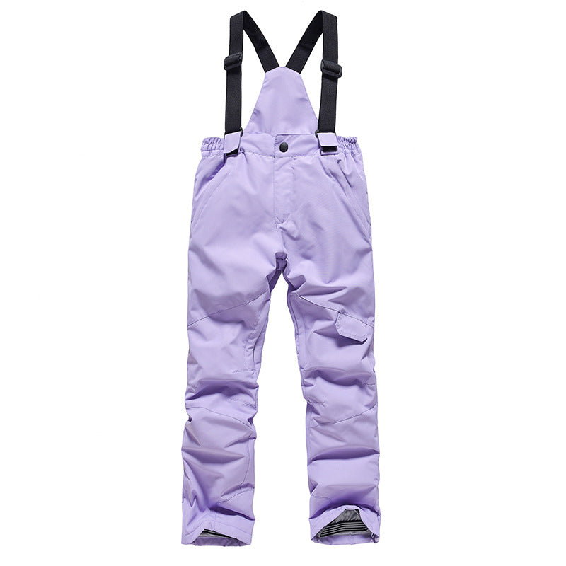 Purple kids snow bib pants with adjustable suspenders