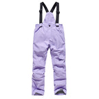 Purple kids snow bib pants with adjustable suspenders