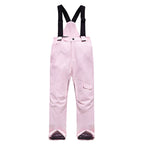 Pink kids snow bib pants with adjustable suspenders