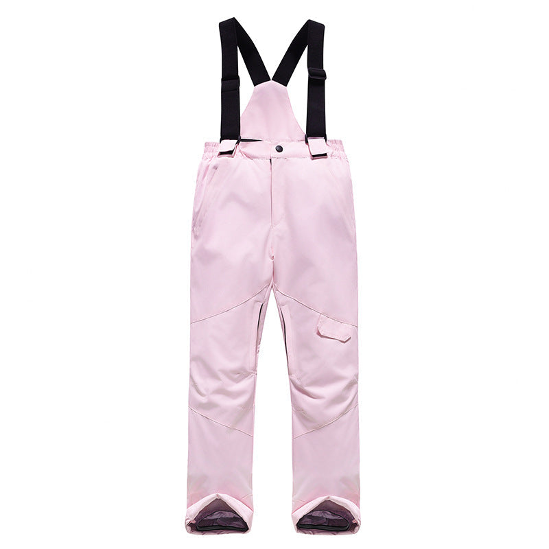 Pink kids snow bib pants with adjustable suspenders