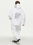 Dragon graphic print on the back of the white ski jacket