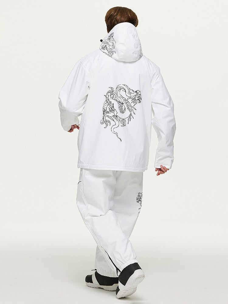 Dragon graphic print on the back of the white ski jacket