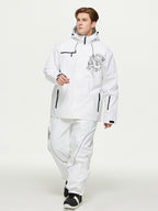 Model walking in the white baggy snow suit