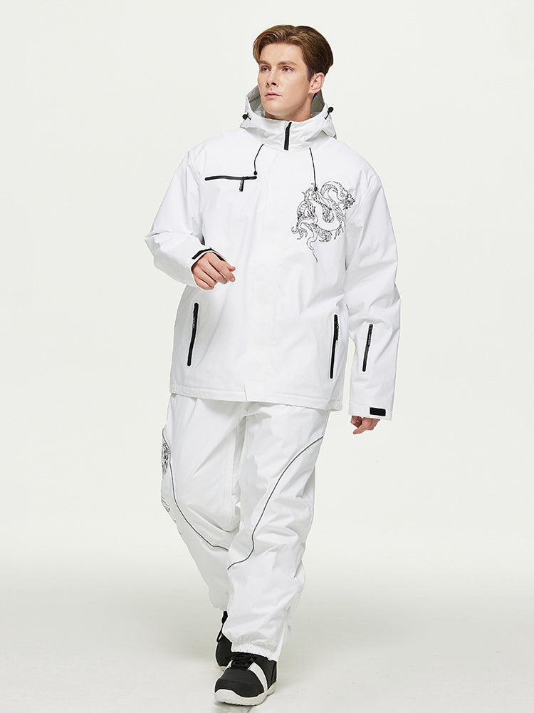 Model walking in the white baggy snow suit