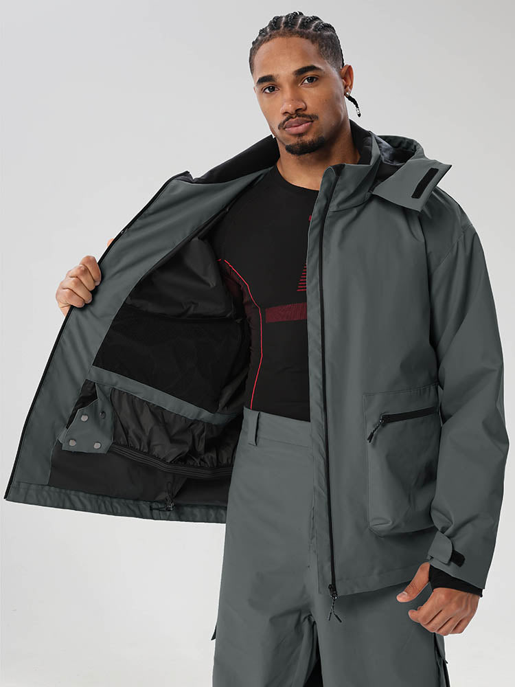 Dark Grey men's relaxed fit full-zip ski jacket - open jacket showing snap snow skirt