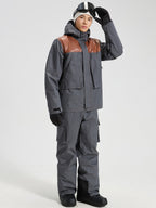 Men's Ski Jacket & Bibs Set in Gray – Front View with Snowboard