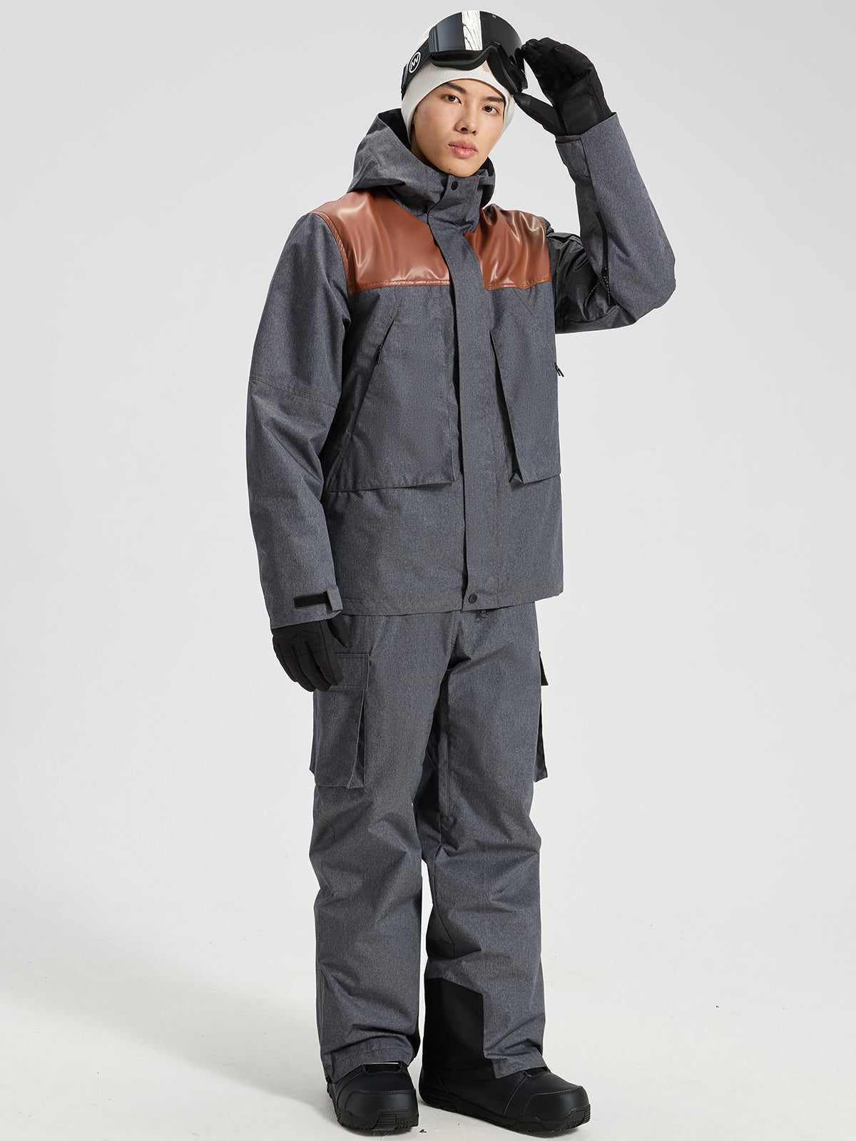 Men's Ski Jacket & Bibs Set in Gray – Front View with Snowboard