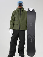 Army Green men's full-zip ski jacket and black pants set - front outfit with snowboard