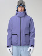 Men's Purple Hooded Cargo Pocket Snowboard Jacket - Straight Front View