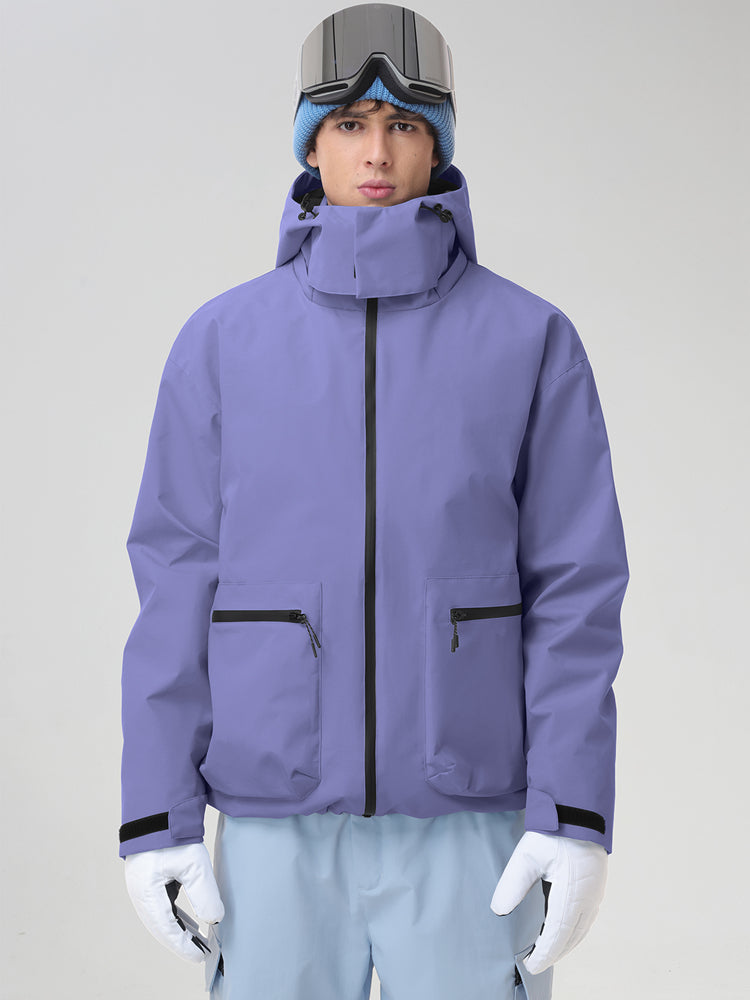 Men's Purple Hooded Cargo Pocket Snowboard Jacket - Straight Front View