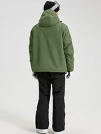 YEEFINE men's Army Green hooded cargo jacket and black ski pants with suspenders, rear view