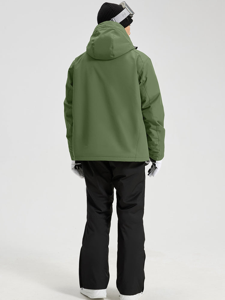 YEEFINE men's Army Green hooded cargo jacket and black ski pants with suspenders, rear view