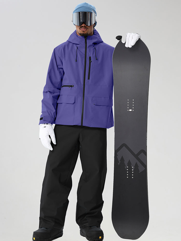 Purple men's full-zip ski jacket and black pants set - full outfit with snowboard