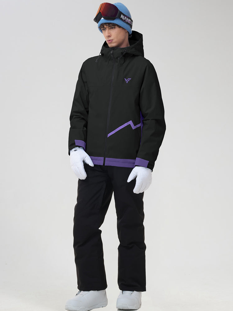Men's black ski jacket and snow pants set, front view