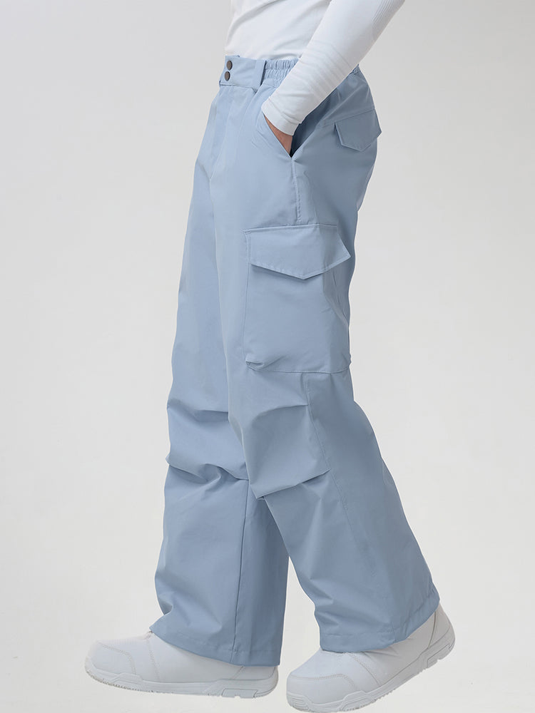 Men's Baggy Cargo Pocket Ski Pants in Light Blue - Side View Showing the Cargo Pocket