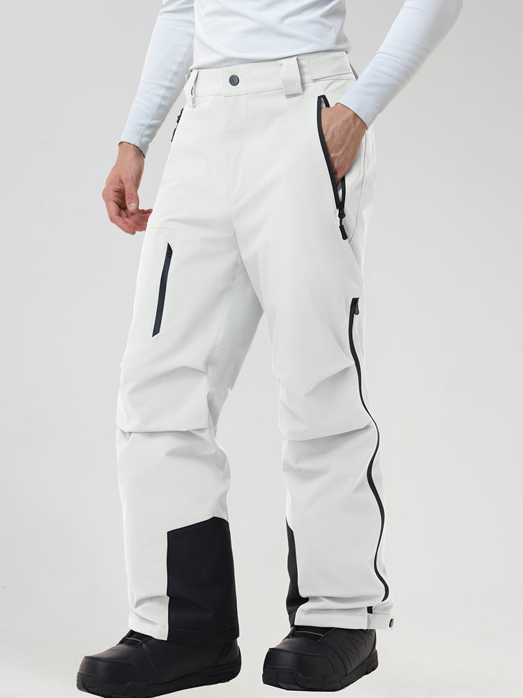 Men's insulated ski pants in White - front view with a hand in the zip pocket