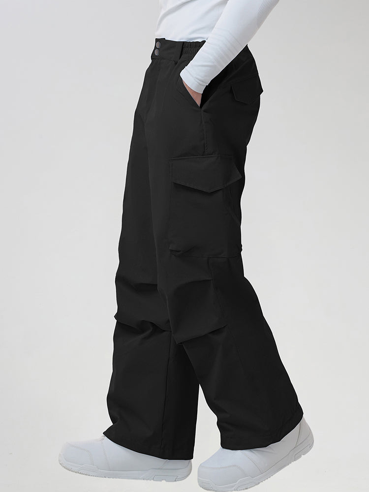 Men's Baggy Cargo Pocket Ski Pants in Black - Side View Showing the Cargo Pocket
