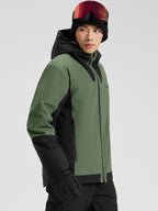 Men's army green color-block ski jacket, half-body side view
