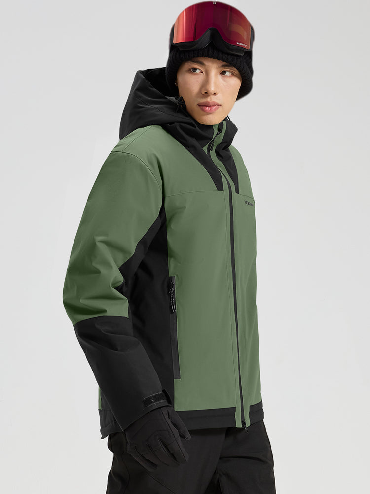 Men's army green color-block ski jacket, half-body side view