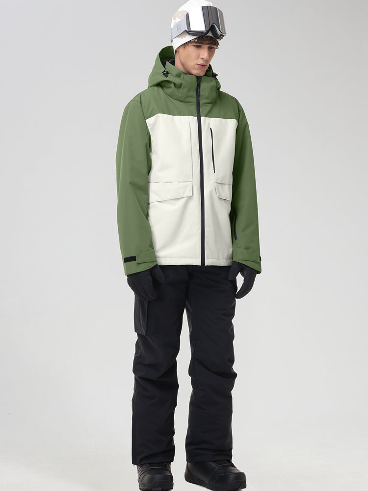 Men's army green and white ski jacket with matching black snow pants, front view