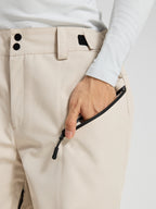 Men's khaki snow pants waistband and side zip pocket detail