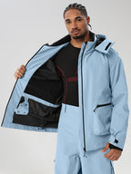 Light Blue men's relaxed fit full-zip ski jacket - open jacket showing snap snow skirt